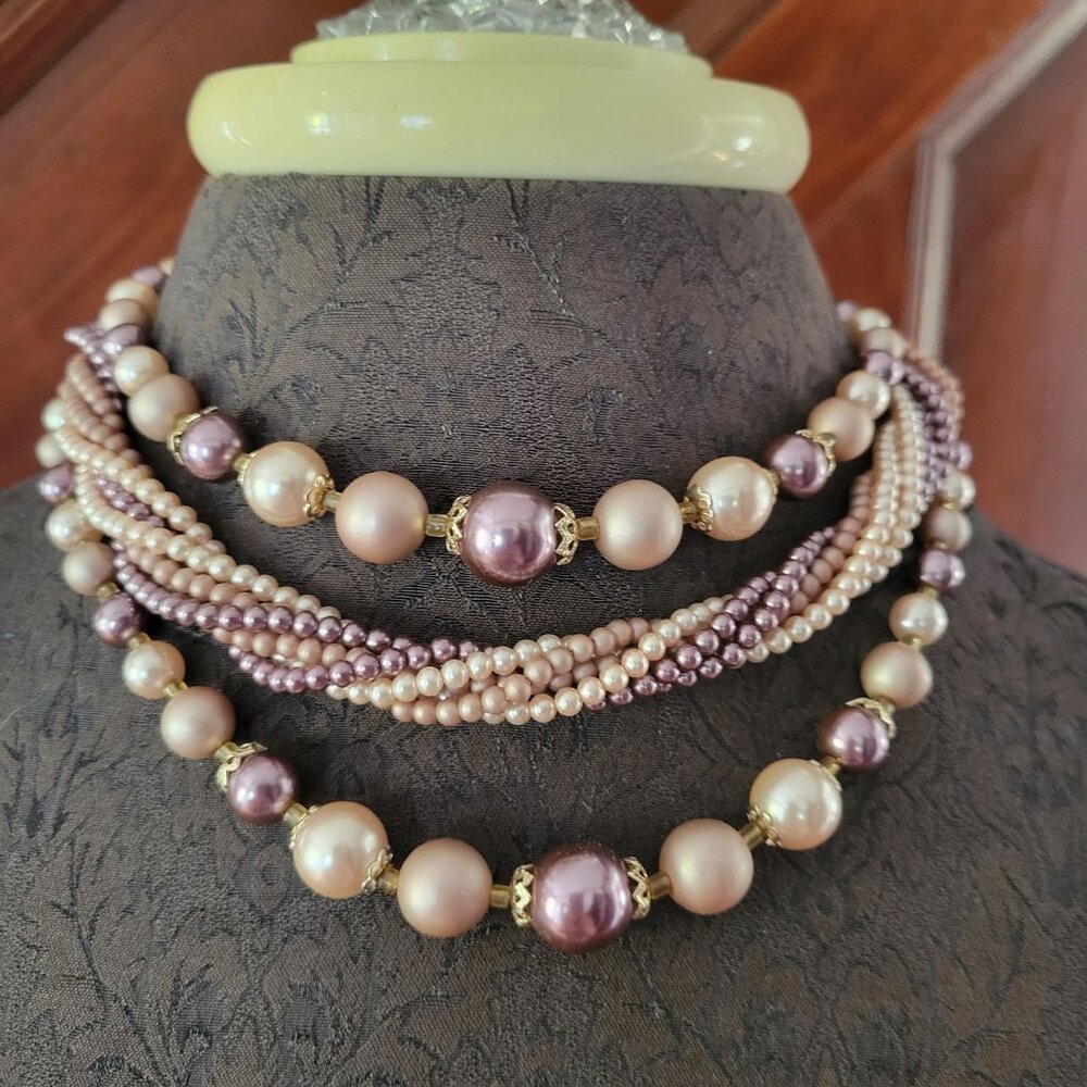 Vintage Multi-Strand Purple Pearl & Gold Tone Beaded Necklace